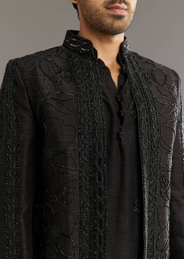 Black Raw Silk Indo Western Set With Beaded Work