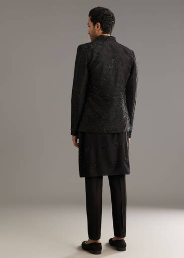 Black Raw Silk Indo Western Set With Beaded Work