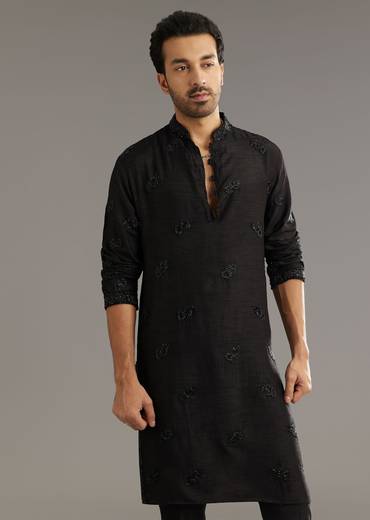 Black Raw Silk Indo Western Set With Beaded Work