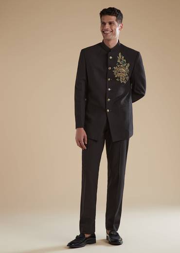 Black Rayon Jodhpuri Set With Metal Zardosi Thread Resham Work