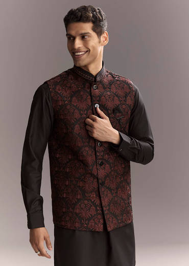 Black Rayon Kurta Jacket Set For Men With Intricate Resham Work