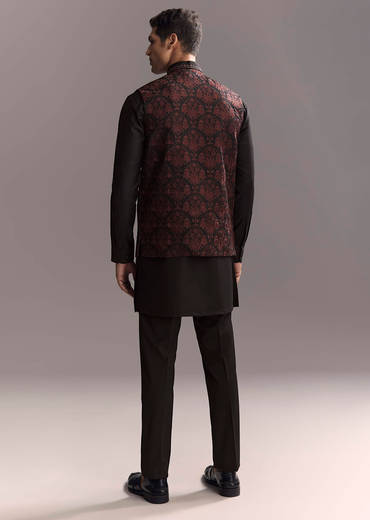 Black Rayon Kurta Jacket Set For Men With Intricate Resham Work