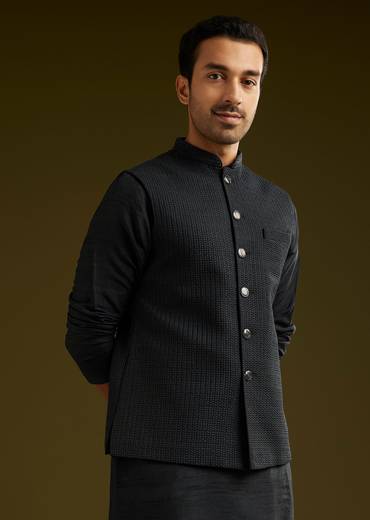 Black Rayon Kurta Jacket Set