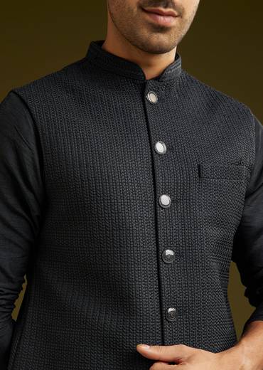 Black Rayon Kurta Jacket Set