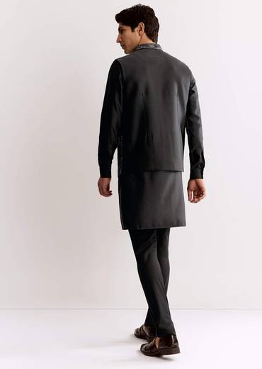 Black Rayon Kurta Jacket Set With Embroidery
