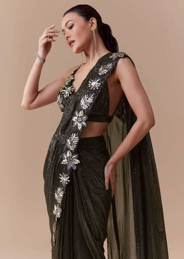 Black Ready Pleated Georgette Saree with Sequin Wor Blouse