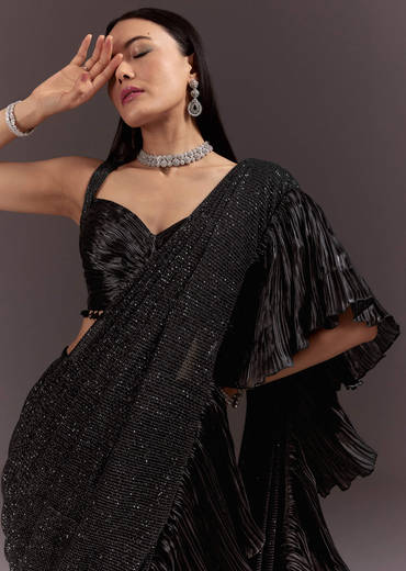 Black Ready Pleated Saree With Ruching Blouse And Frills