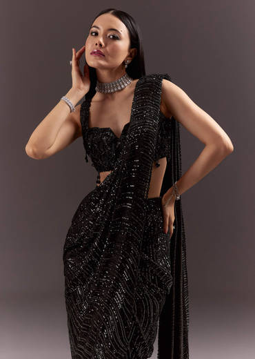Black Ready To Wear Saree With 3D Patching And Fancy Neck Blouse