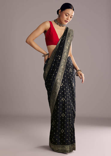 Black Saree With Woven Buttis In Brocade Weave