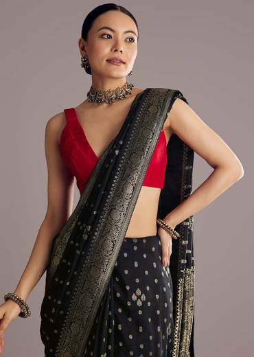 Black Saree With Woven Buttis In Brocade Weave