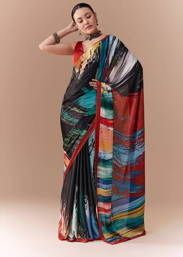 Black Satin Striped Printed Saree with Blouse Fabric