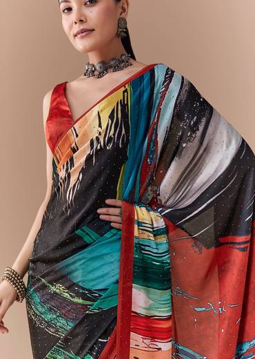 Black Satin Striped Printed Saree with Blouse Fabric