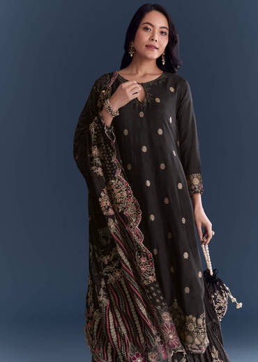 Black Silk Anarkali Suit With Zari Butti And Floral Print