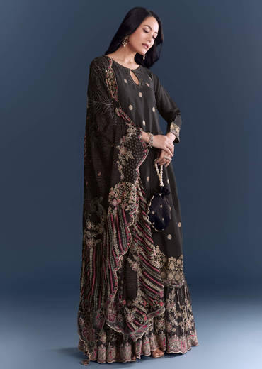 Black Silk Anarkali Suit With Zari Butti And Floral Print