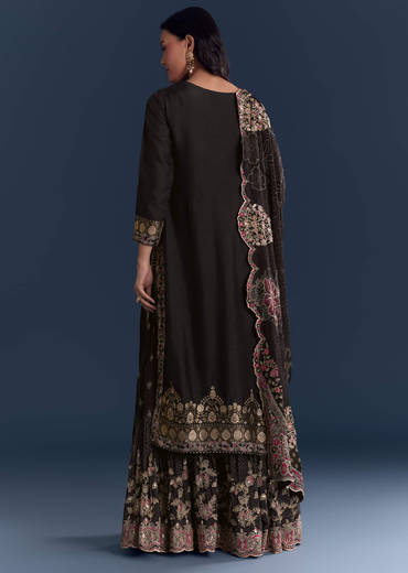 Black Silk Anarkali Suit With Zari Butti And Floral Print