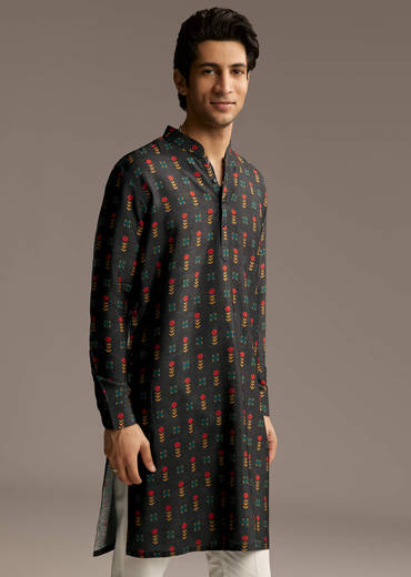 Black Silk Designer Kurta For Men With Buta Print