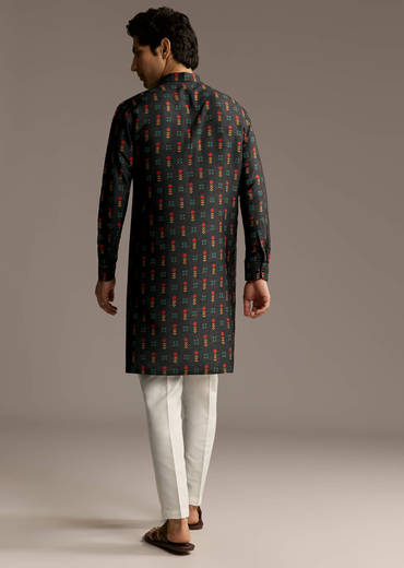 Black Silk Designer Kurta For Men With Buta Print