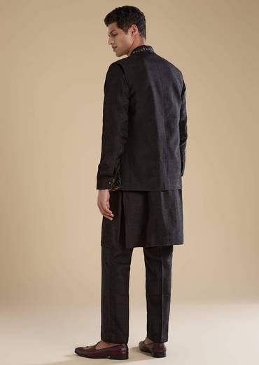 Black Silk Embroidered Mens Jacket Kurta and Pant Set