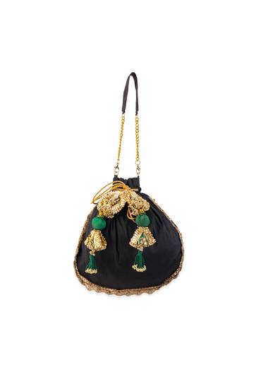 Black Silk Embroidered Motifs Potli Bag
