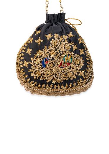 Black Silk Embroidered Motifs Potli Bag
