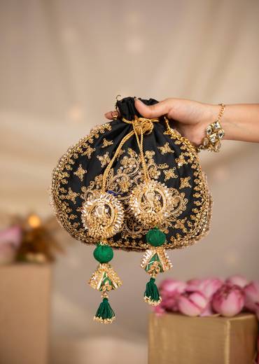Black Silk Embroidered Motifs Potli Bag