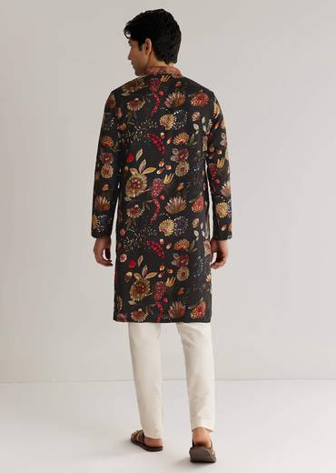 Black Silk Floral Resham Embroidered Kurta Set