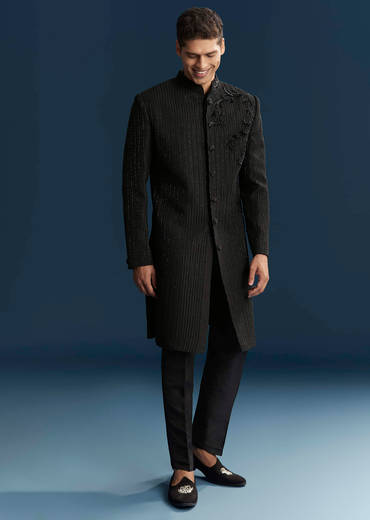 Black Silk Indo Western Set For Men With Patch Work And Embroidery