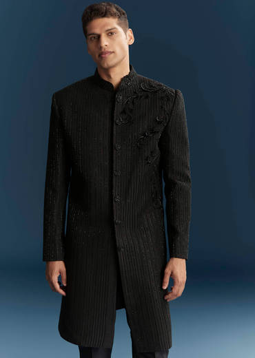 Black Silk Indo Western Set For Men With Patch Work And Embroidery