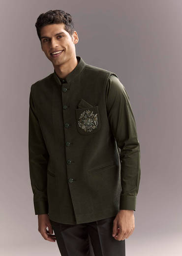 Black Silk Kurta Jacket Set For Men With Heavy Hand Work