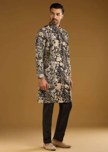 Black Silk Kurta Set For Men With Mirror Work