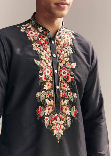 Black Silk Kurta Set For Men With Multi Colour Resham Embroidery