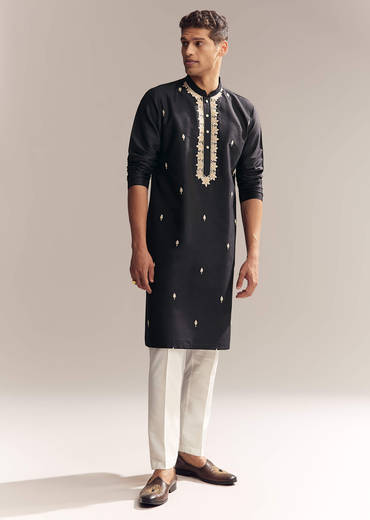 Black Silk Kurta Set For Men With Zardosi And Aari Work