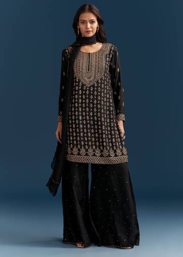 Black Silk Palazzo Suit With Embroidered Cut Dana Work And Dupatta