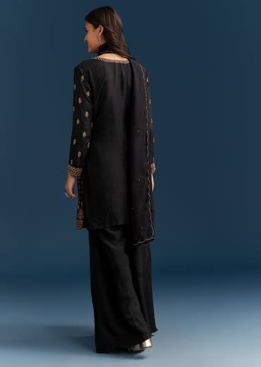 Black Silk Palazzo Suit With Embroidered Cut Dana Work And Dupatta
