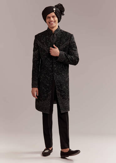 Black Silk Sherwani For Groom With Intricate Embroidery