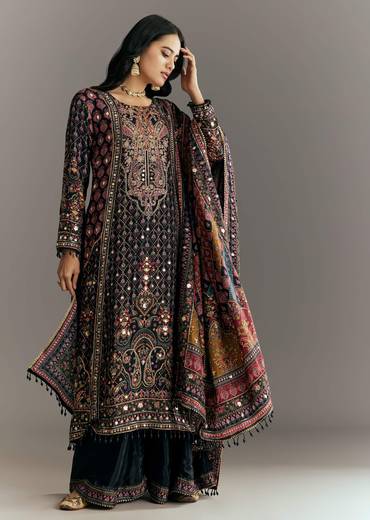 Black Tabby Silk Zari Embroidered Kurta Palazzo With Printed Dupatta
