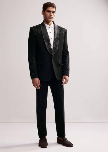 Black Tuxedo For Men With Cut Work Shawl Collar
