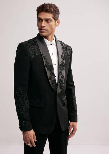 Black Tuxedo For Men With Cut Work Shawl Collar