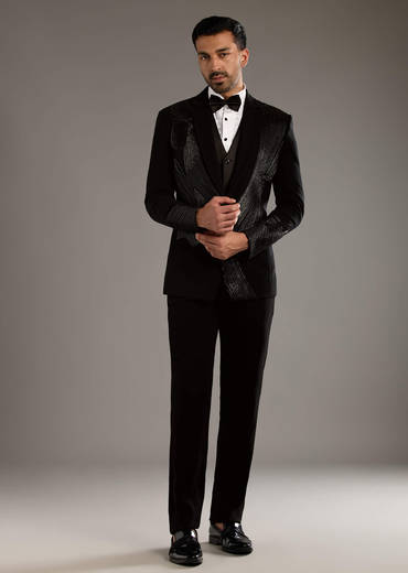 Black Tuxedo For Men With Leather And Dori Work