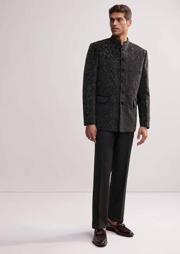 Black Velvet Jodhpuri Set For Men With Cutdana Work