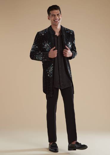 Black Velvet Mens Indowestern with Mirror Beads Detail Work