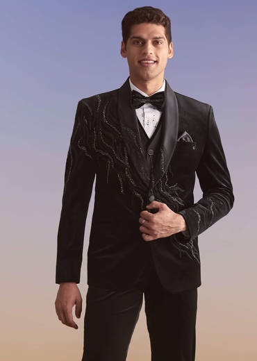Black Velvet Tuxedo For Men With Cut Work And Beads Embroidery