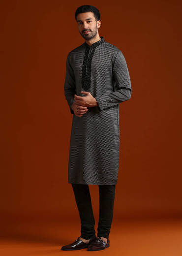 Black Viscose Kurta Set For Men With Thread And Stone Embroidery
