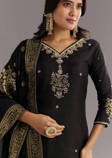Black Viscose Silk Kurta Set With Zari Moti and Cut Dana Work