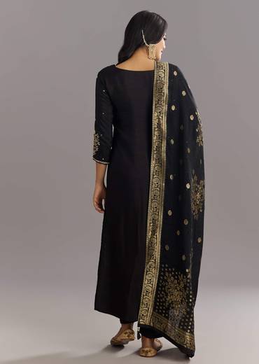 Black Viscose Silk Kurta Set With Zari Moti and Cut Dana Work