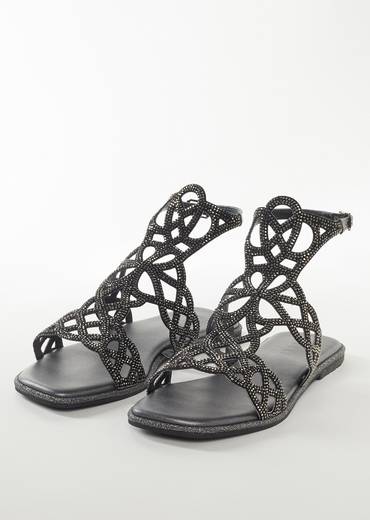 Black Faux Leather Womens Footwear With Embellished Detail Work