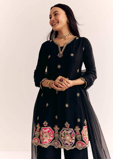 Black Zardosi Work Dola Silk Kurta And Organza Dupatta Suit