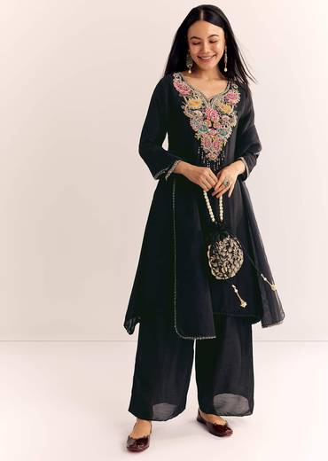 Black Zardosi Work Dola Silk Kurta Set With Organza Dupatta