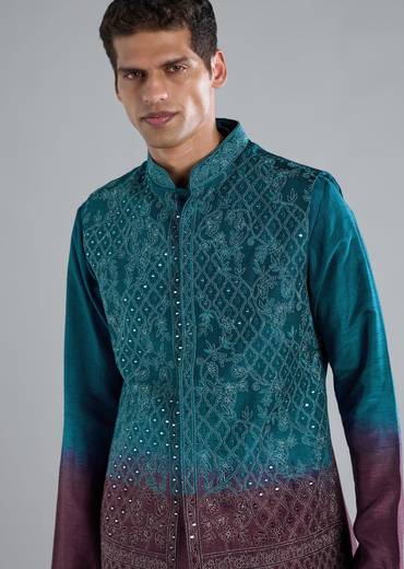 Blue And Purple Kurta Jacket Set With Zari And Mirror Work