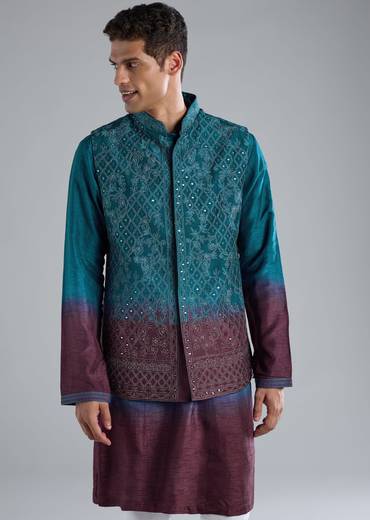 Blue And Purple Kurta Jacket Set With Zari And Mirror Work